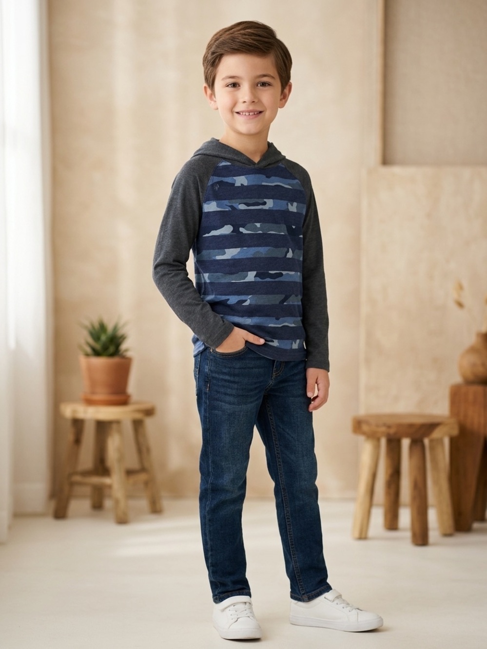 Boys Navy Camo Hooded Pullover Sweatshirt